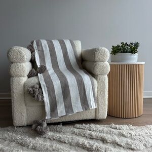 Striped Taupe and White Throw Blanket - Plush Tassel Accent